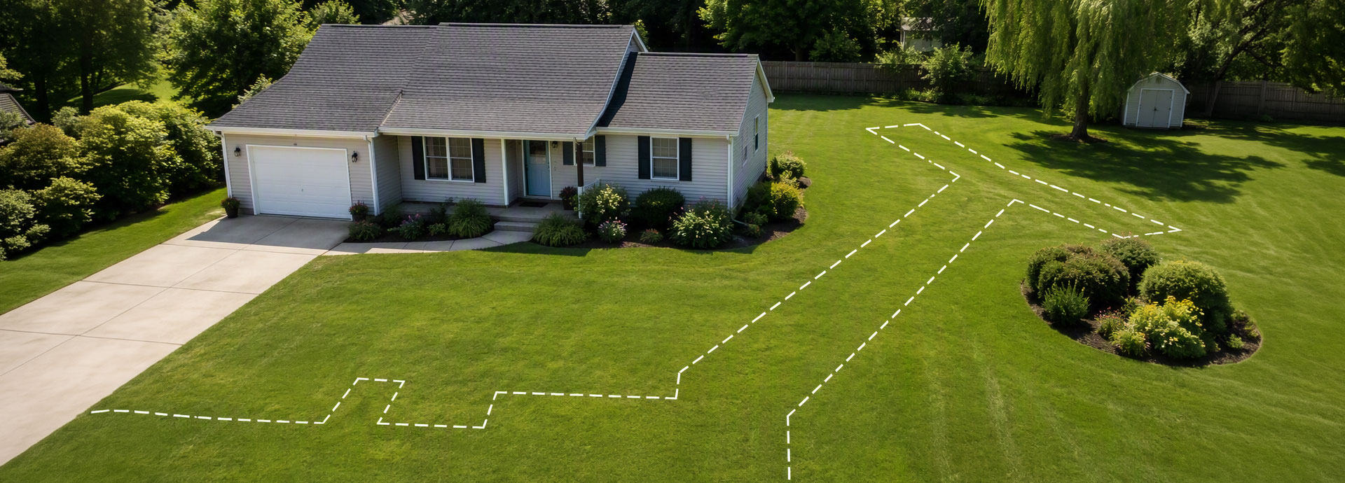 aerial view of a house with white lining marks